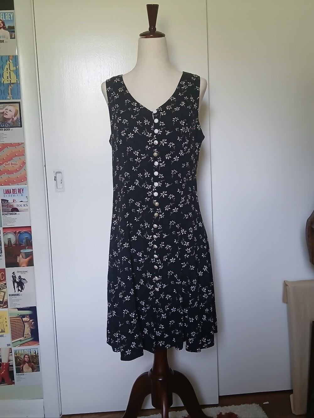 Vintage 90s Black Floral Button Front Dress